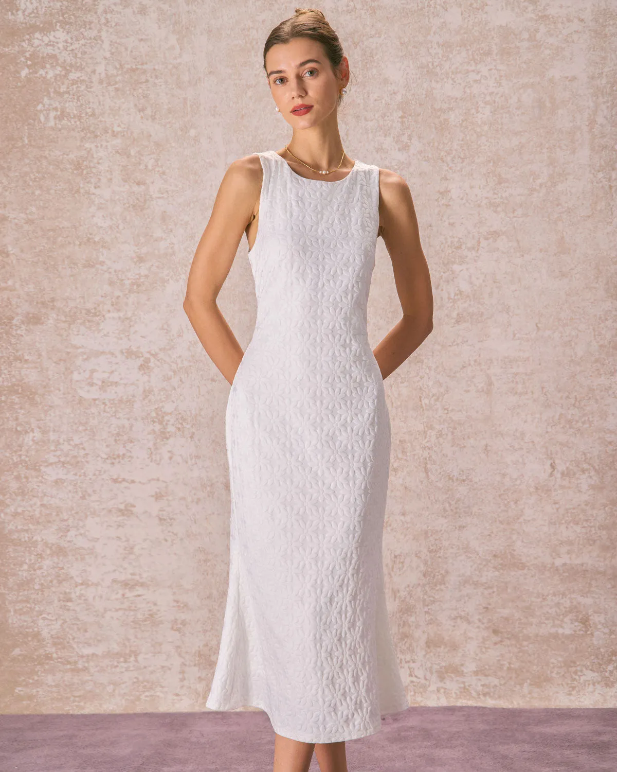 The White Round Neck Floral Jacquard Sleeveless Midi Dress sold by rihoas