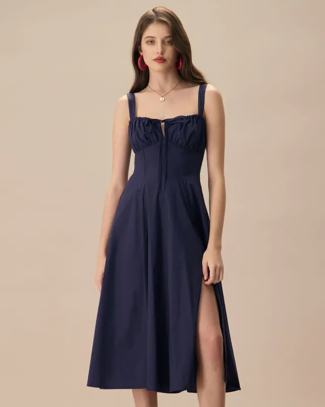 The Navy Square Neck Ruched Slip Midi Dress sold by rihoas