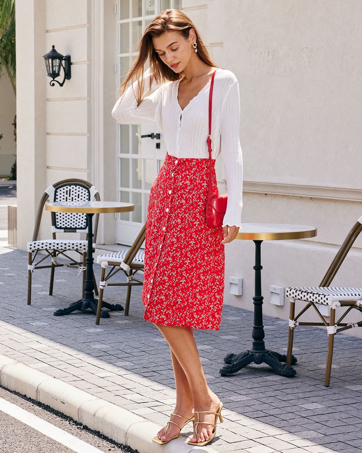 The Red Floral Single-breasted Midi Skirt sold by rihoas product image thumbnail 3