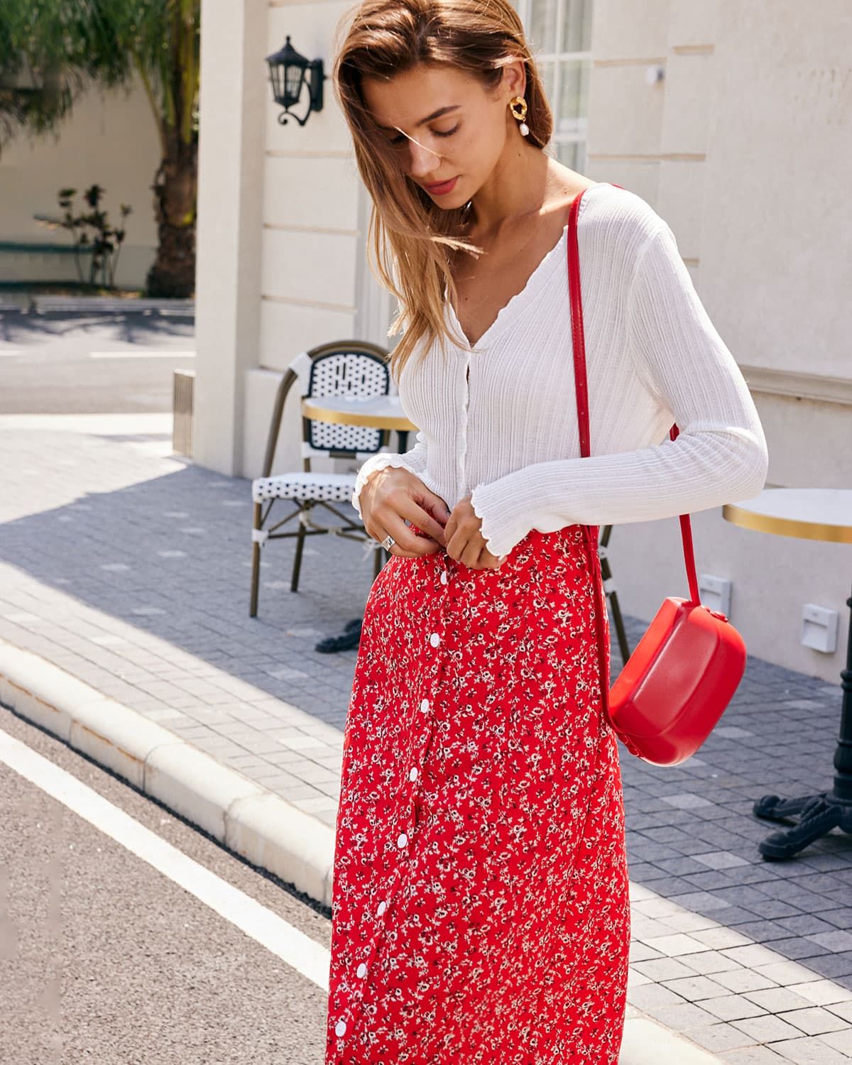 The Red Floral Single-breasted Midi Skirt sold by rihoas product image thumbnail 4