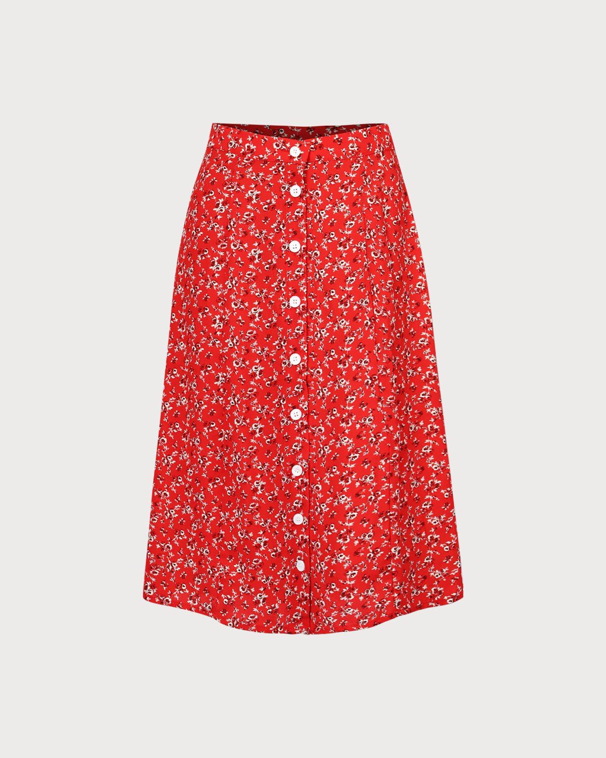 The Red Floral Single-breasted Midi Skirt sold by rihoas product image thumbnail 6