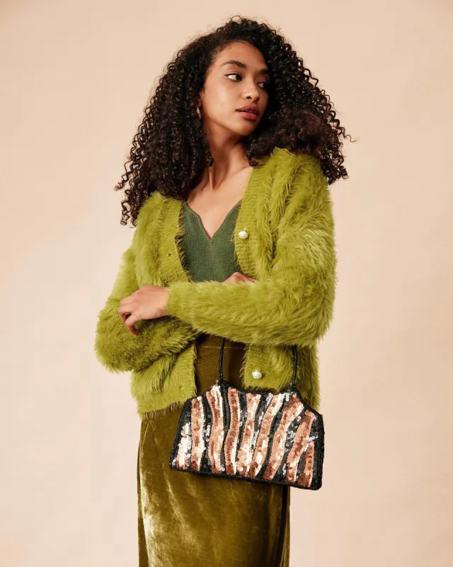 The Green V Neck Button Up Fuzzy Cardigan sold by rihoas