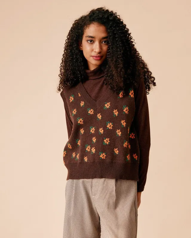 The V Neck Ribbed Floral Sweater Vest sold by rihoas