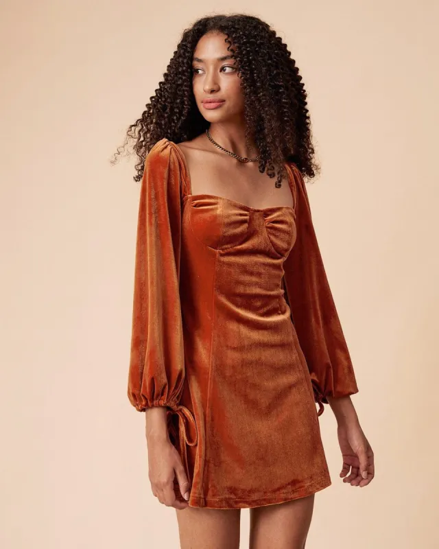 The Brown Sweetheart Neck Long Sleeve Velvet Mini Dress sold by rihoas