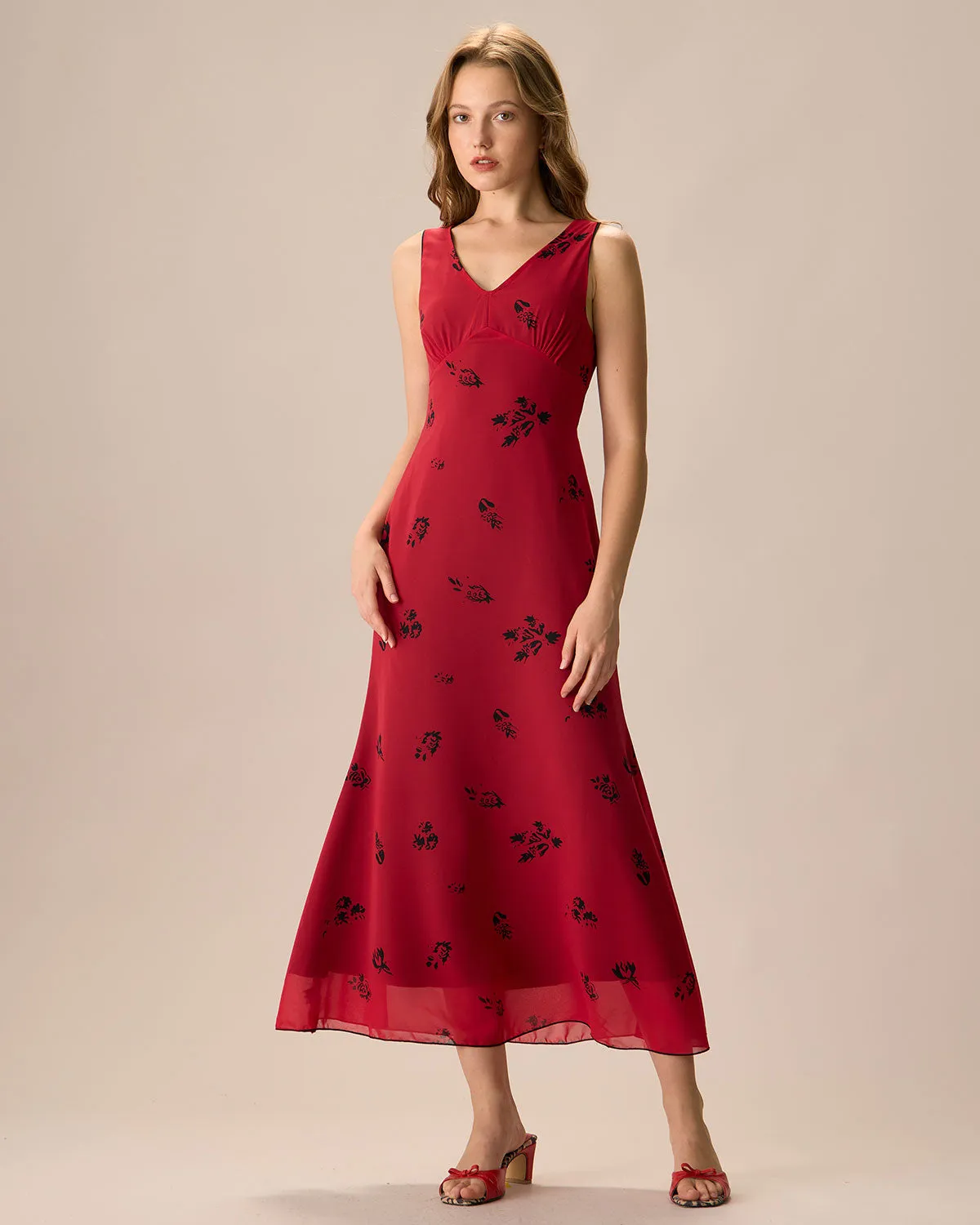 Women's Red Sleeveless Floral Midi Dress sold by rihoas product image thumbnail 3