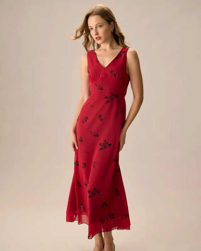 Women's Red Sleeveless Floral Midi Dress sold by rihoas