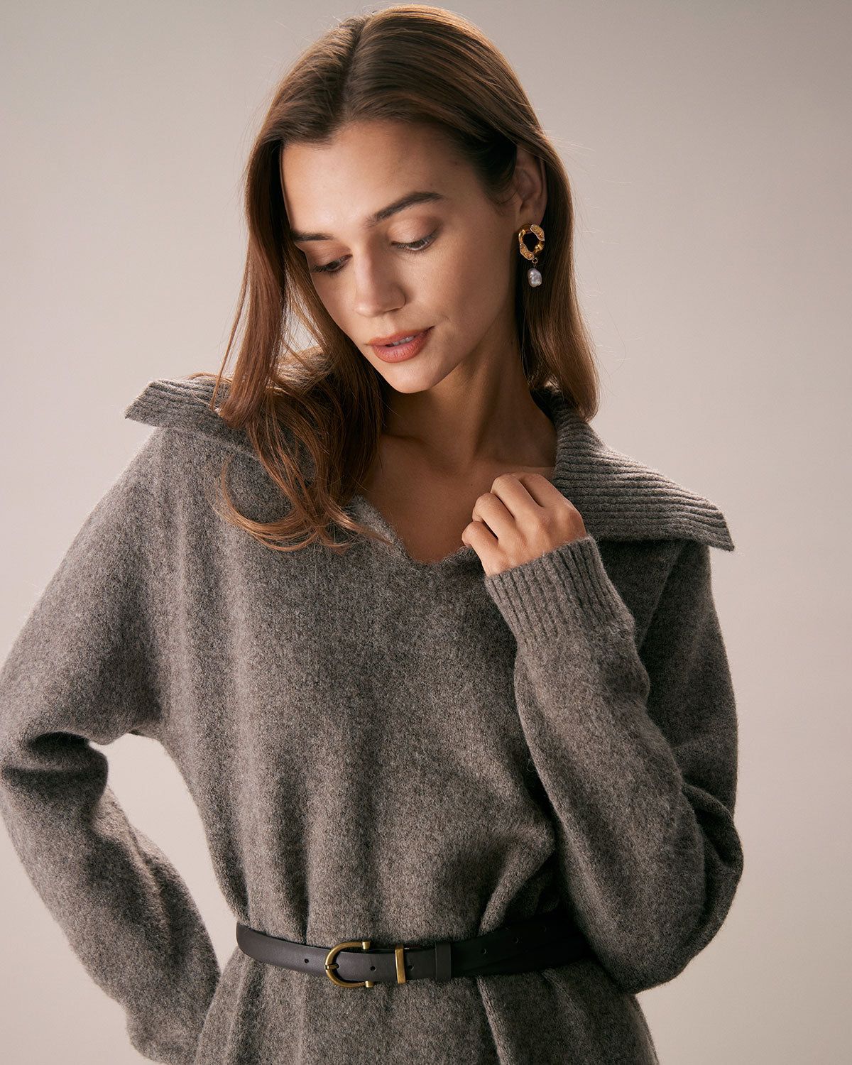 The Camel Turn-down Collar Knit Midi Dress sold by rihoas product image thumbnail 2