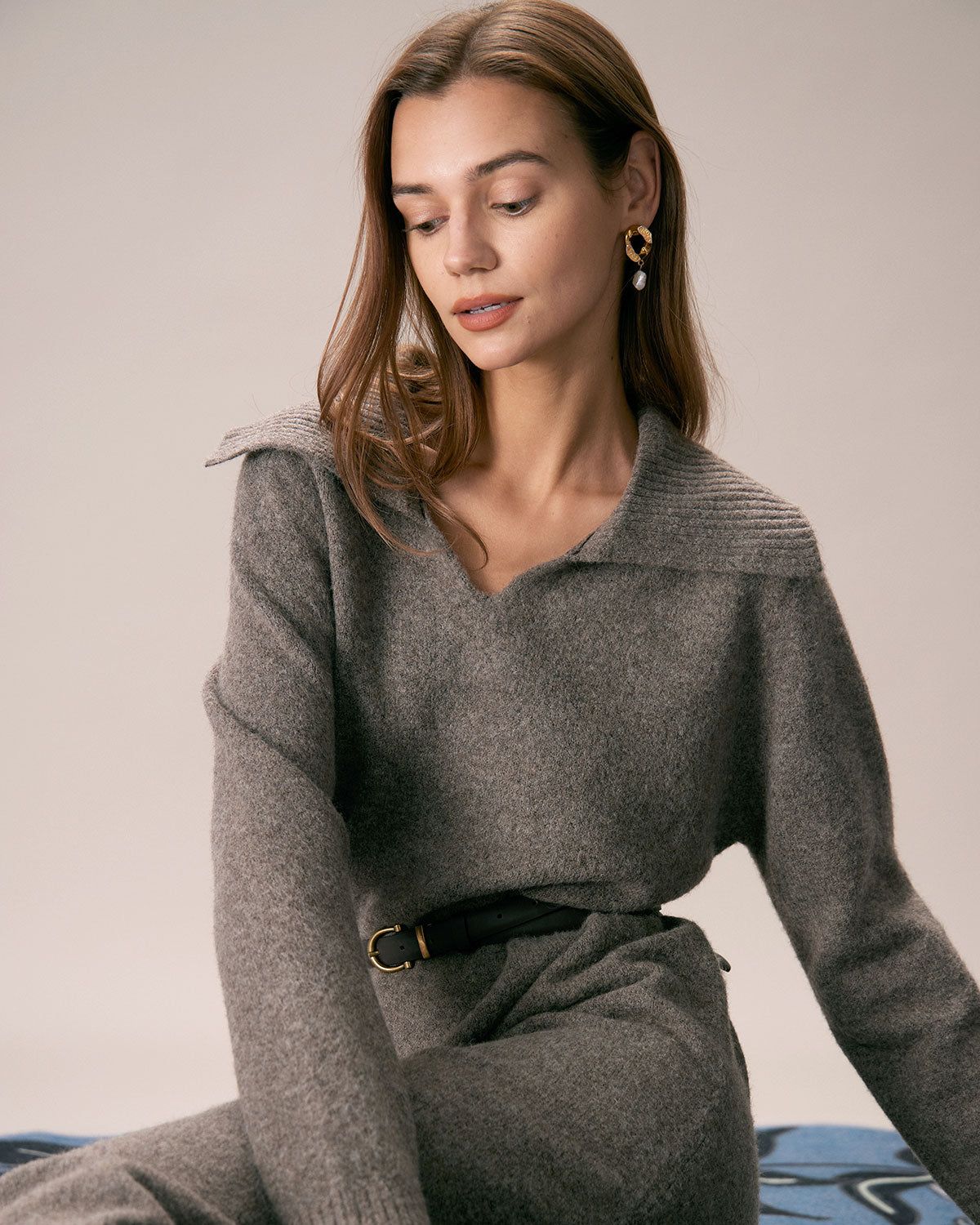 The Camel Turn-down Collar Knit Midi Dress sold by rihoas product image thumbnail 4