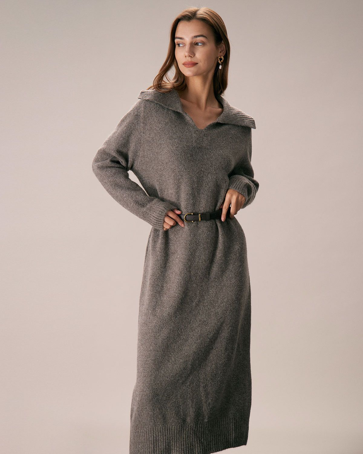 The Camel Turn-down Collar Knit Midi Dress sold by rihoas