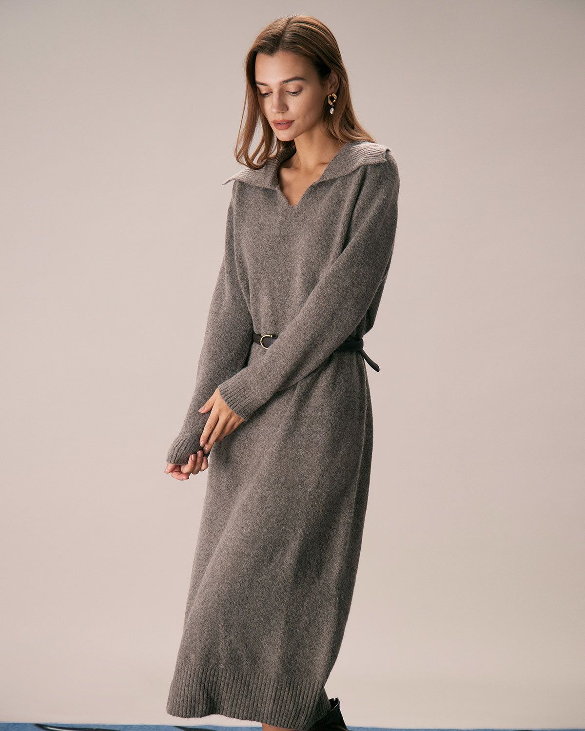 The Camel Turn-down Collar Knit Midi Dress sold by rihoas product image thumbnail 5