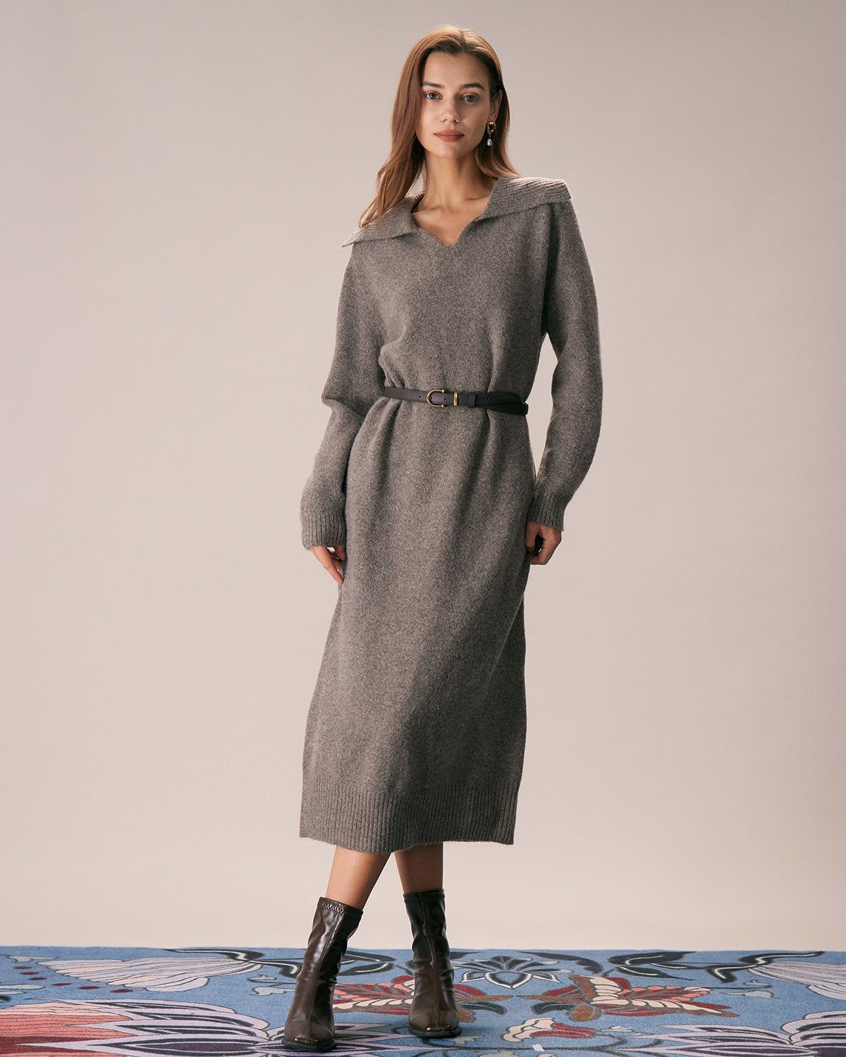 The Camel Turn-down Collar Knit Midi Dress sold by rihoas product image thumbnail 3