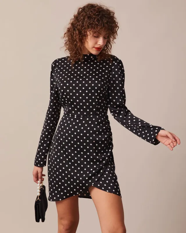 The Black Stand Collar Polka Dot Mini Dress sold by rihoas