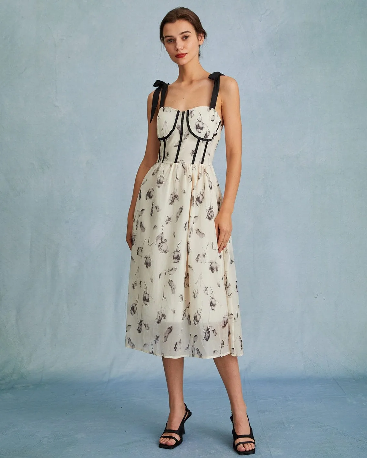 The Sweetheart Neck Floral Tie Shoulder Midi Dress sold by rihoas product image thumbnail 3