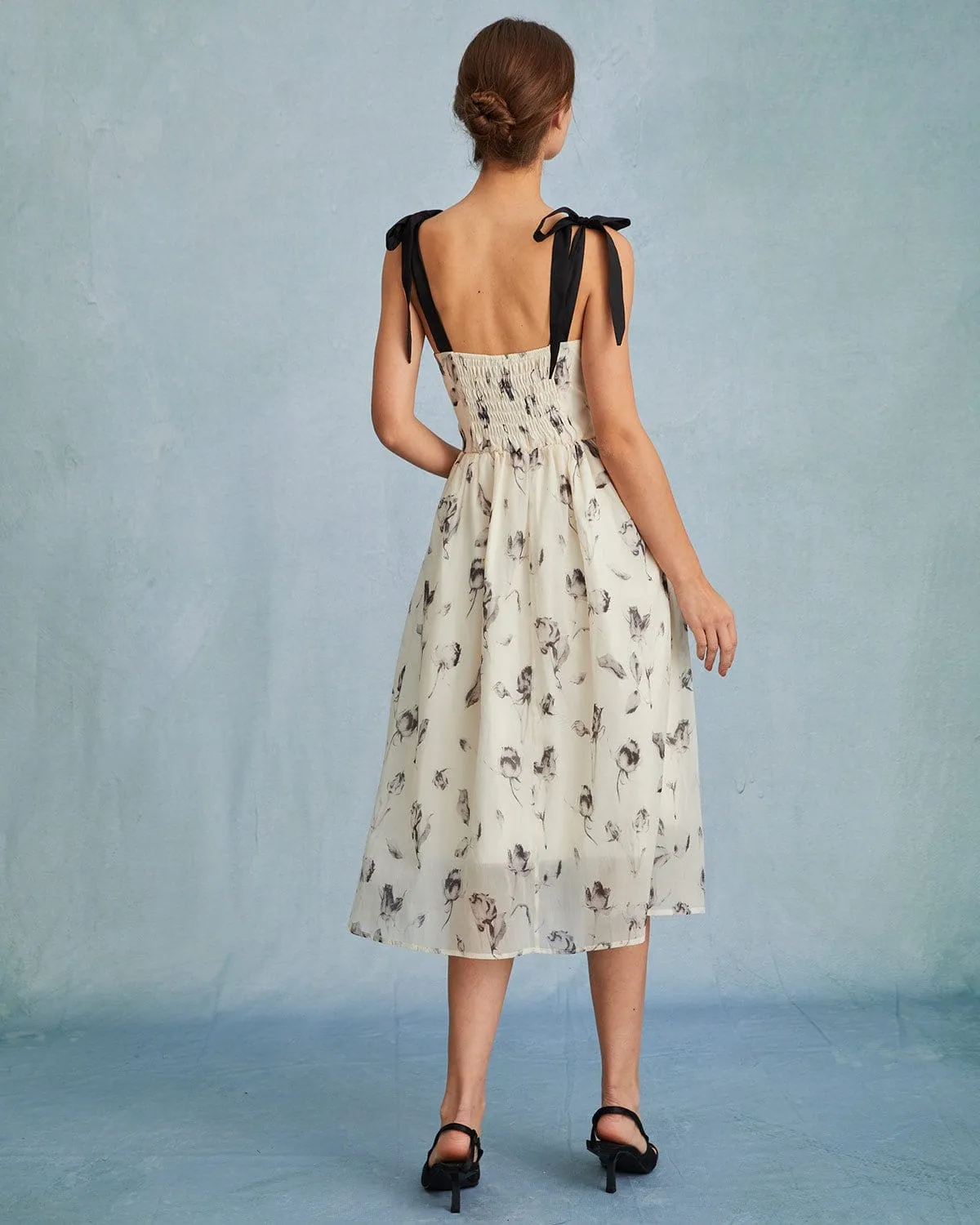 The Sweetheart Neck Floral Tie Shoulder Midi Dress sold by rihoas product image thumbnail 4