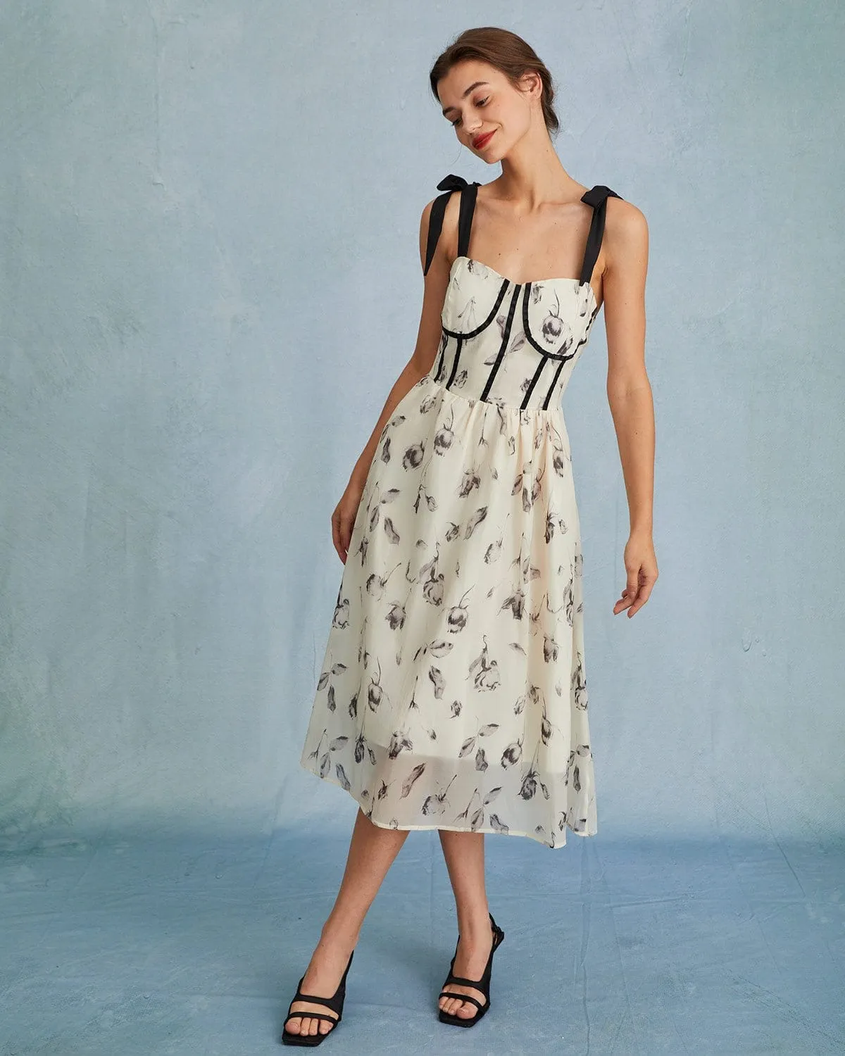 The Sweetheart Neck Floral Tie Shoulder Midi Dress sold by rihoas product image thumbnail 5