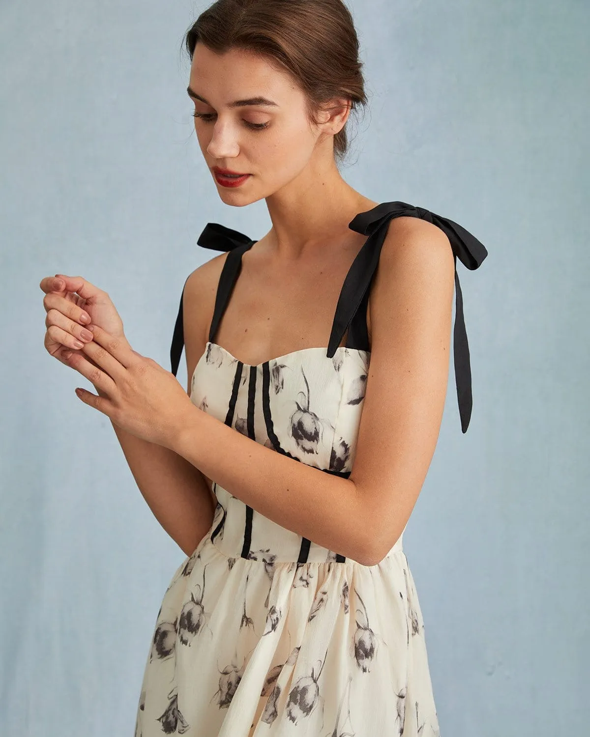 The Sweetheart Neck Floral Tie Shoulder Midi Dress sold by rihoas product image thumbnail 2