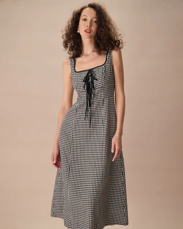 The Black Square Neck Tie Plaid Midi Dress sold by rihoas