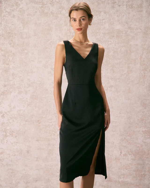 The Black V Neck Zipper Back Satin Midi Dress sold by rihoas