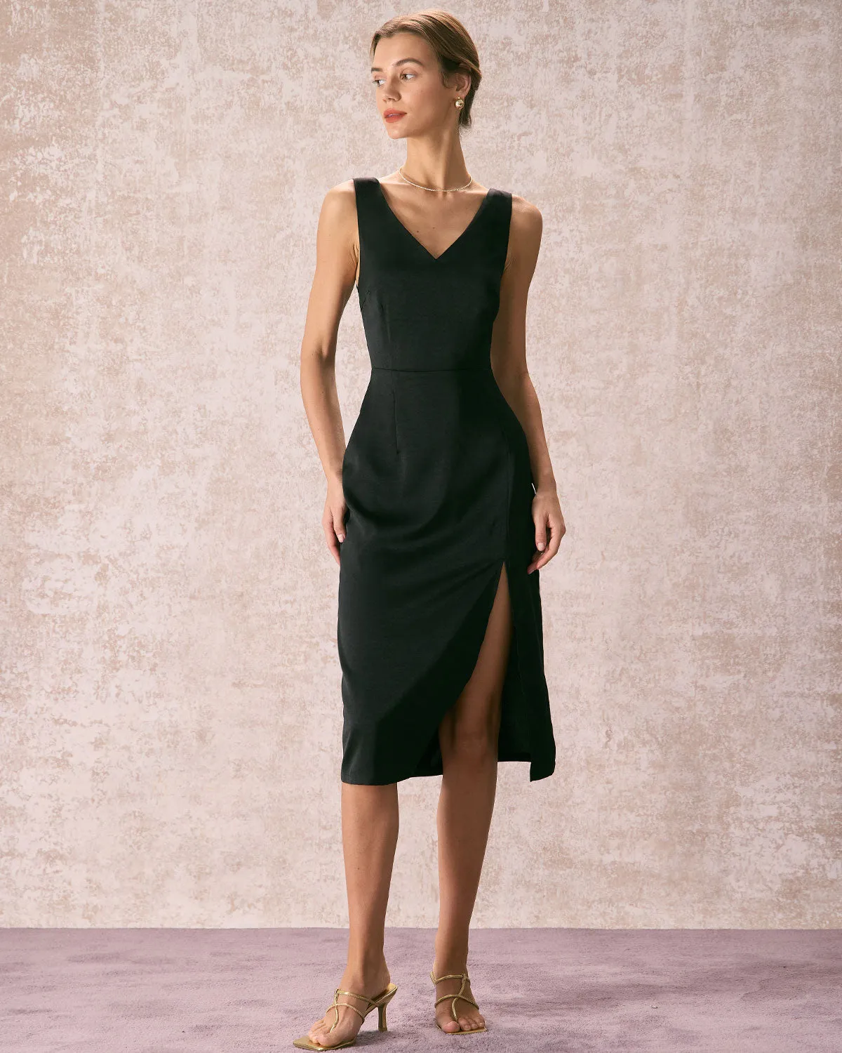 The Black V Neck Zipper Back Satin Midi Dress sold by rihoas product image thumbnail 5