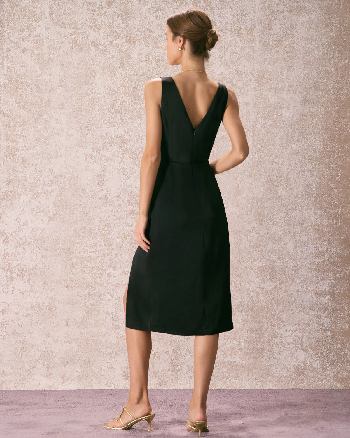 The Black V Neck Zipper Back Satin Midi Dress sold by rihoas product image thumbnail 2