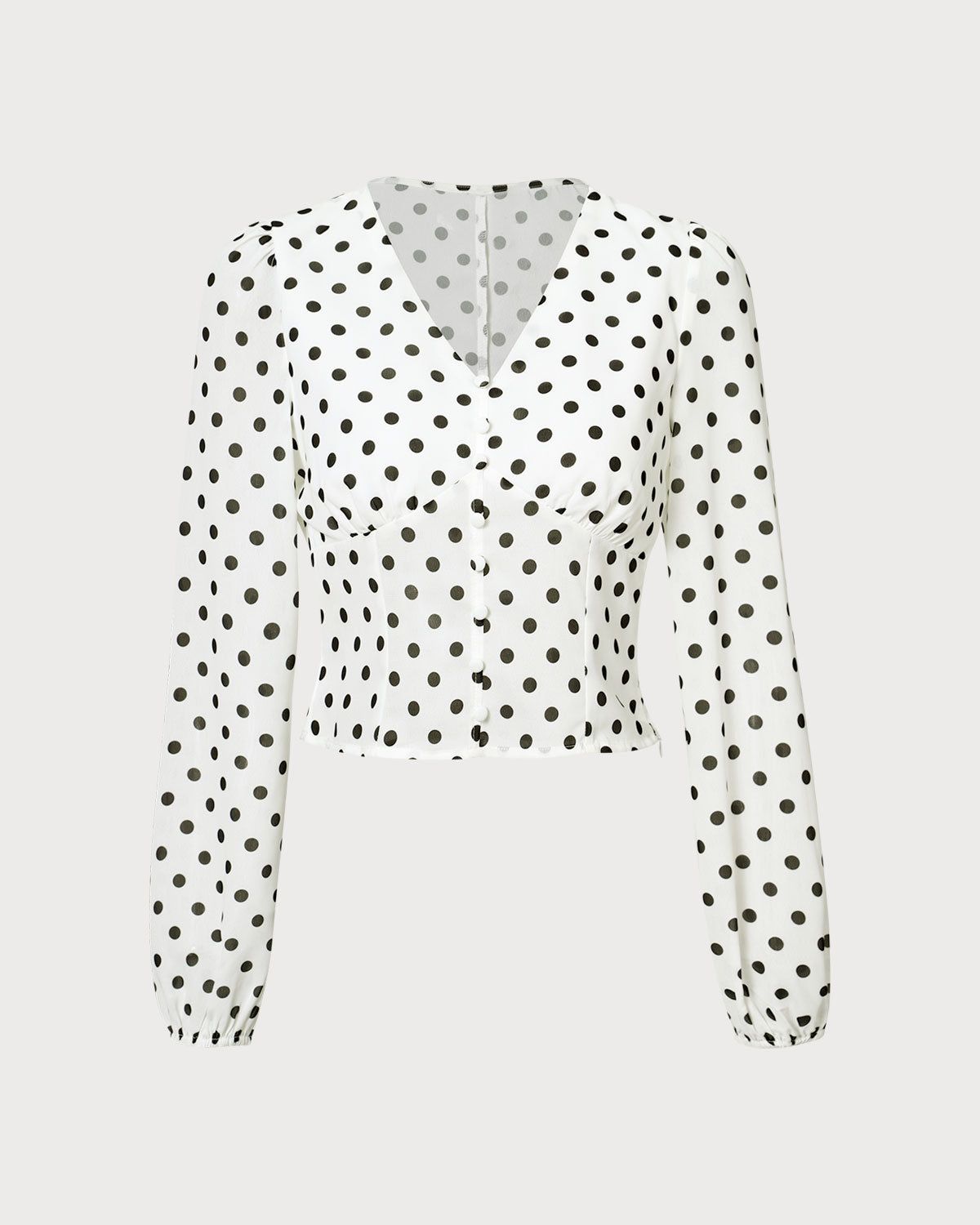 The White V Neck Polka Dot Lantern Sleeve Blouse sold by rihoas product image thumbnail 7