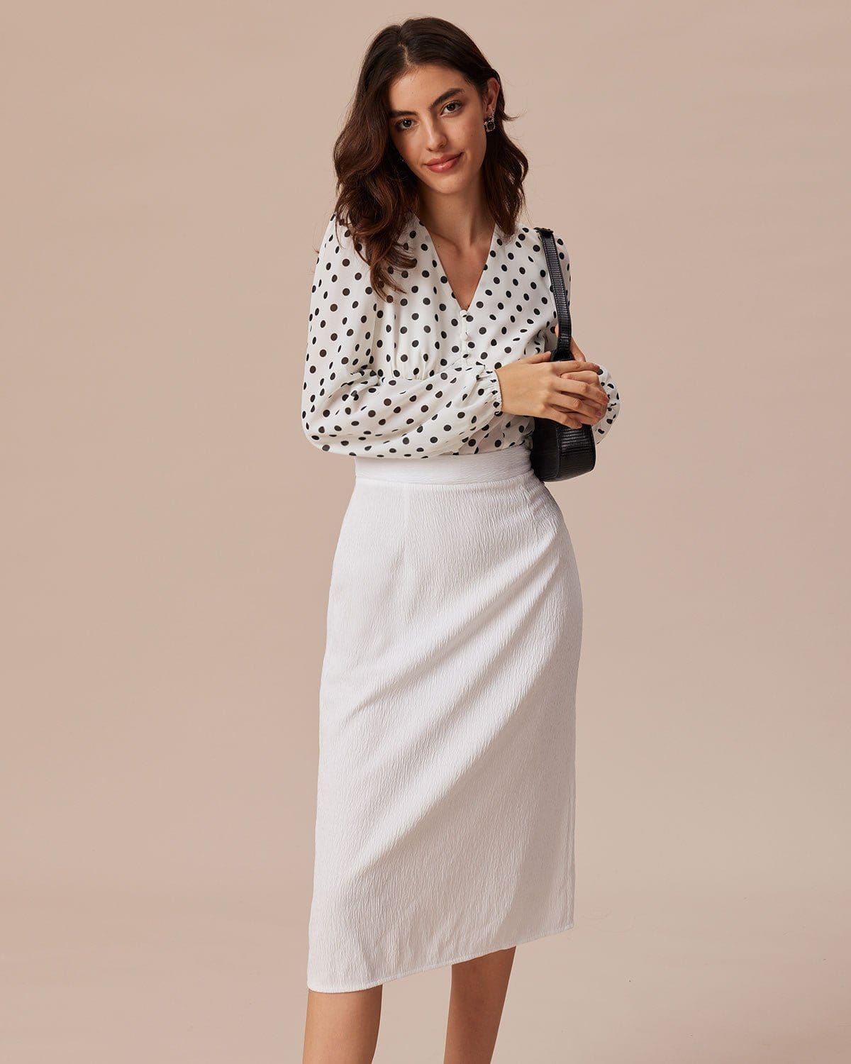 The White V Neck Polka Dot Lantern Sleeve Blouse sold by rihoas product image thumbnail 4