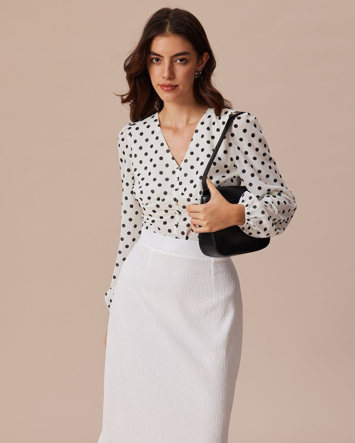 The White V Neck Polka Dot Lantern Sleeve Blouse sold by rihoas product image thumbnail 5