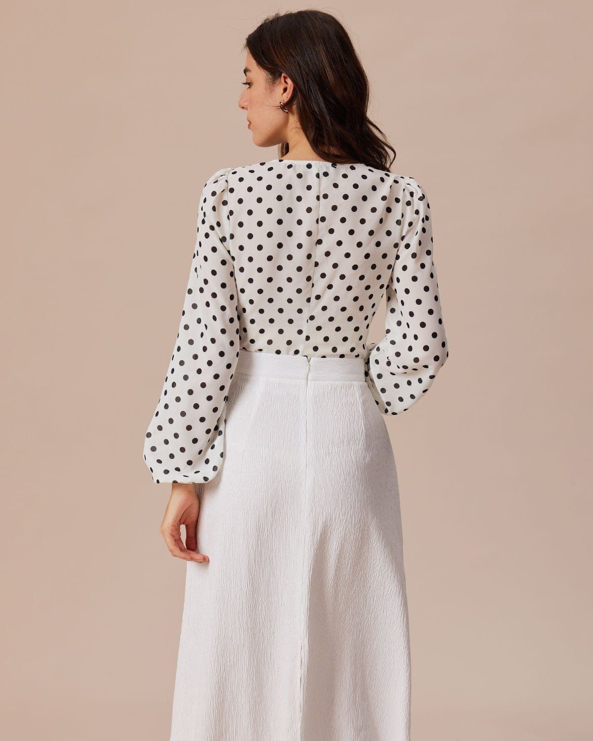 The White V Neck Polka Dot Lantern Sleeve Blouse sold by rihoas product image thumbnail 6