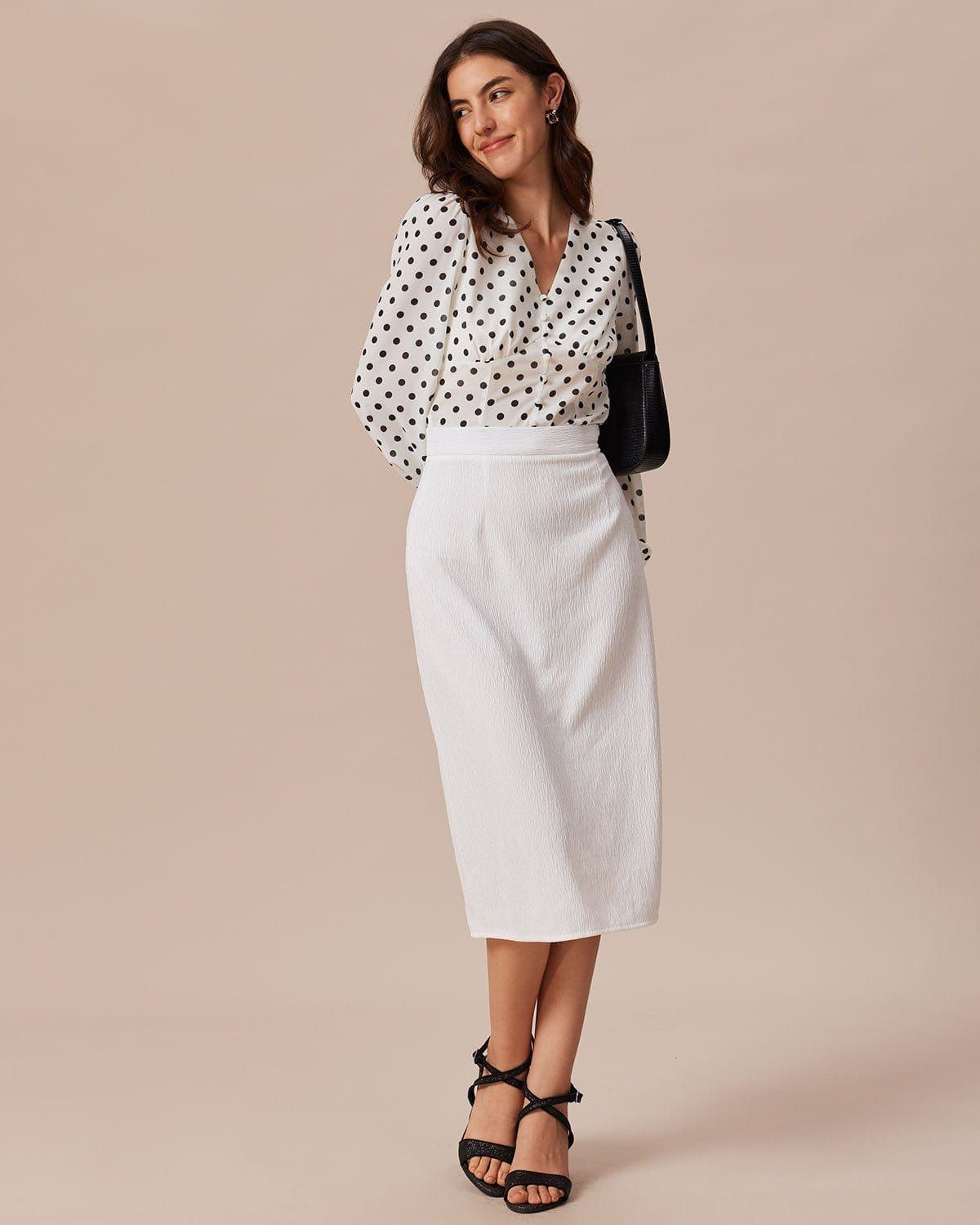 The White V Neck Polka Dot Lantern Sleeve Blouse sold by rihoas product image thumbnail 3