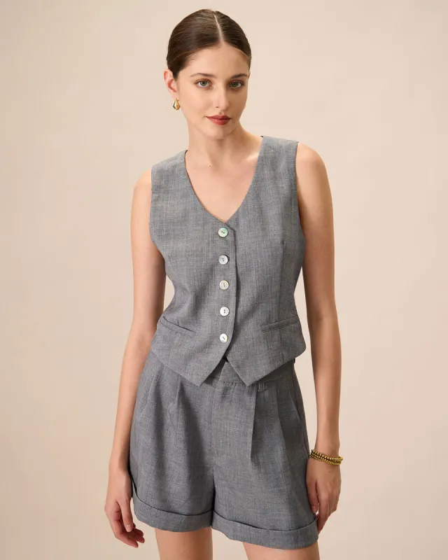 The Grey V-Neck Button Vest sold by rihoas