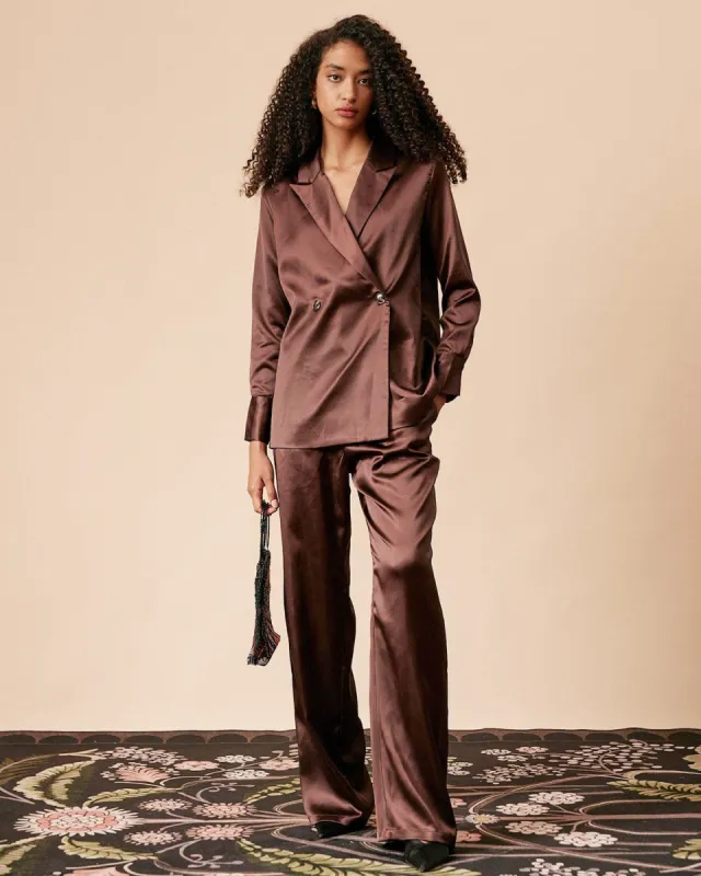 The Brown Solid Collared Satin Blazer sold by rihoas