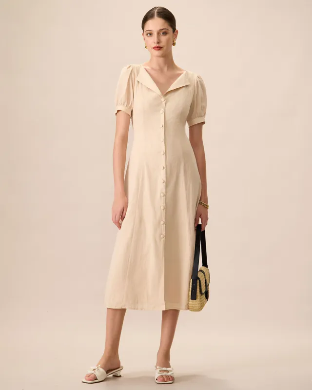 Women's Apricot Puff Sleeve Cotton Midi Dress sold by rihoas