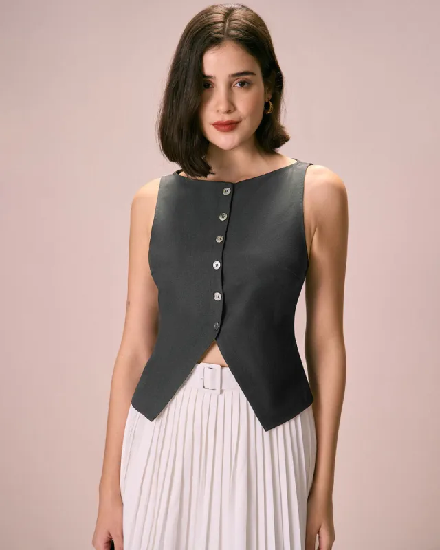 The Grey Boat Neck Button Tank Top sold by rihoas