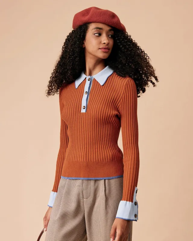 The Contrast Collared Ribbed Knit Top sold by rihoas