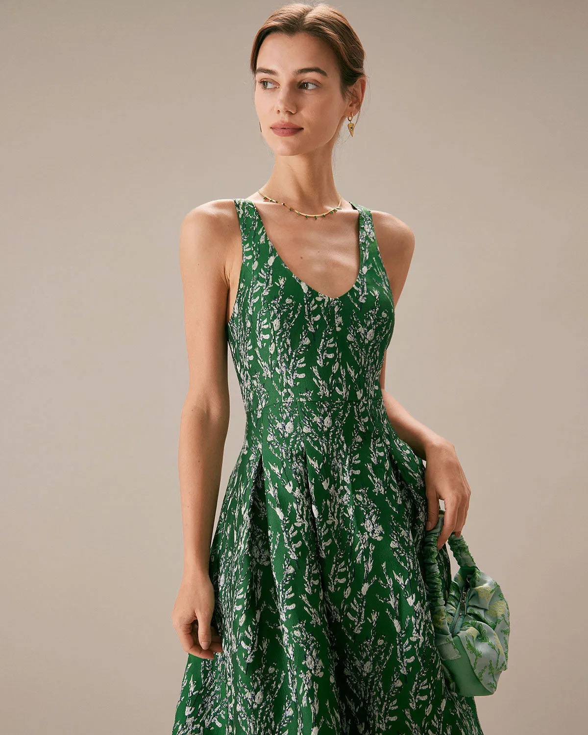 The Green V Neck Floral Pleated Midi Dress sold by rihoas product image thumbnail 3