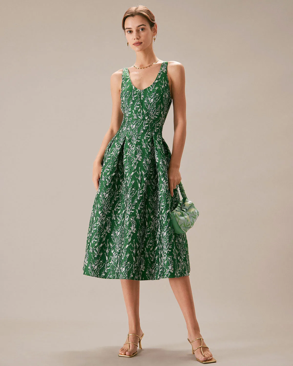 The Green V Neck Floral Pleated Midi Dress sold by rihoas