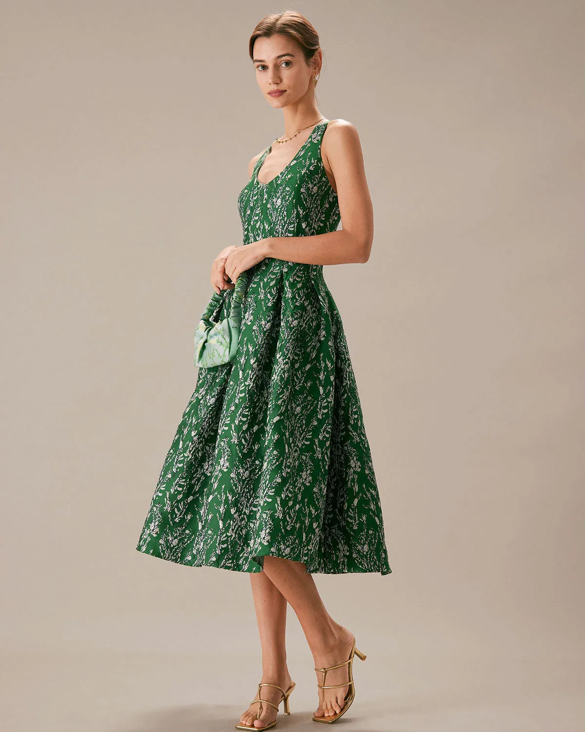 The Green V Neck Floral Pleated Midi Dress sold by rihoas product image thumbnail 4