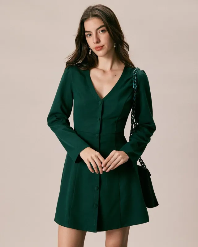 The Green V Neck Button Shirt Mini Dress sold by rihoas