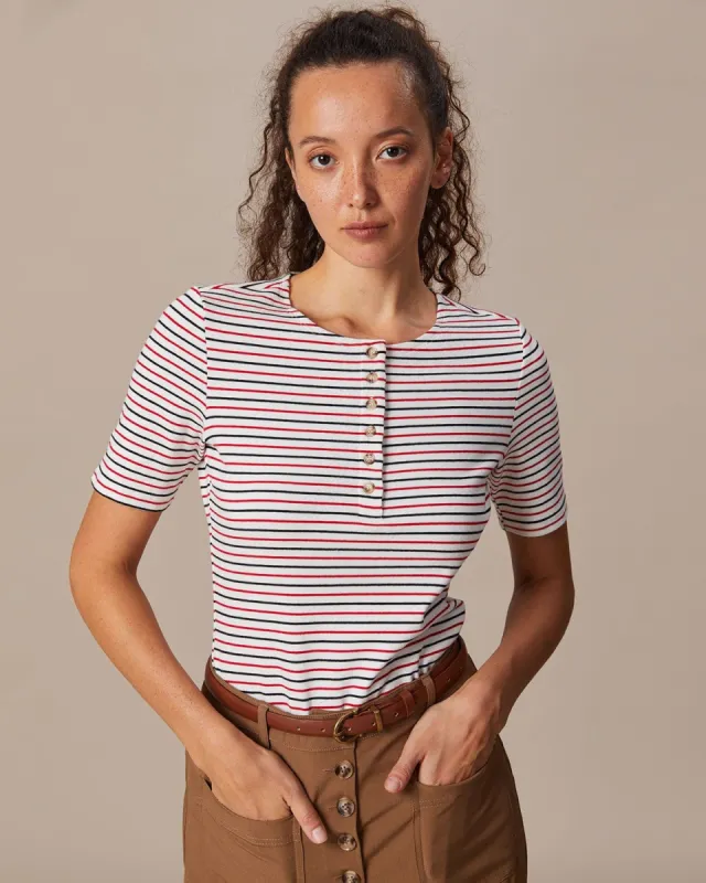 The Red Round Neck Button Striped Tee sold by rihoas