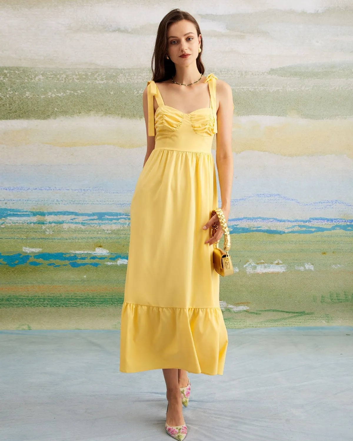 The Yellow Tie Shoulder Ruched Maxi Dress sold by rihoas product image thumbnail 4