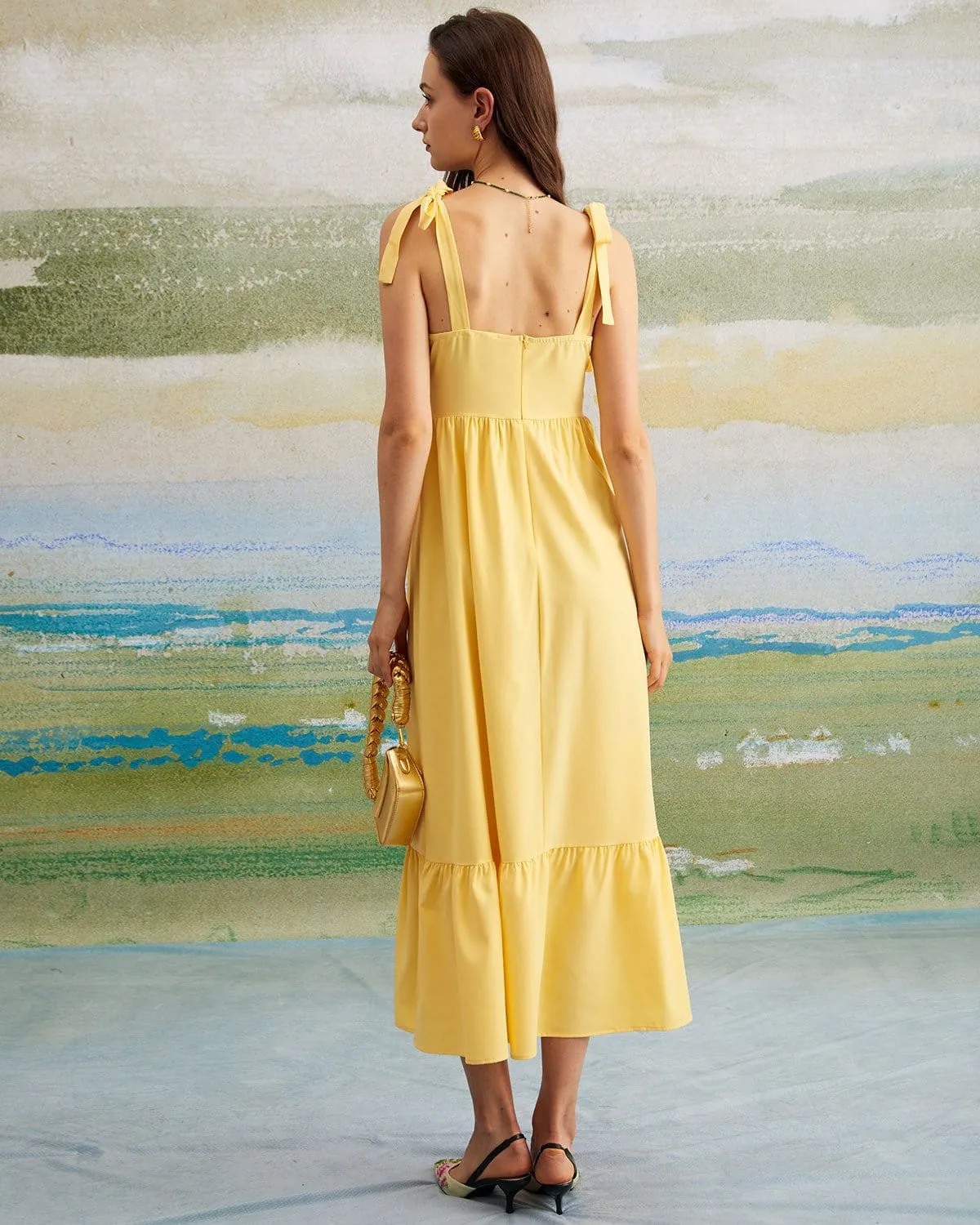 The Yellow Tie Shoulder Ruched Maxi Dress sold by rihoas product image thumbnail 5