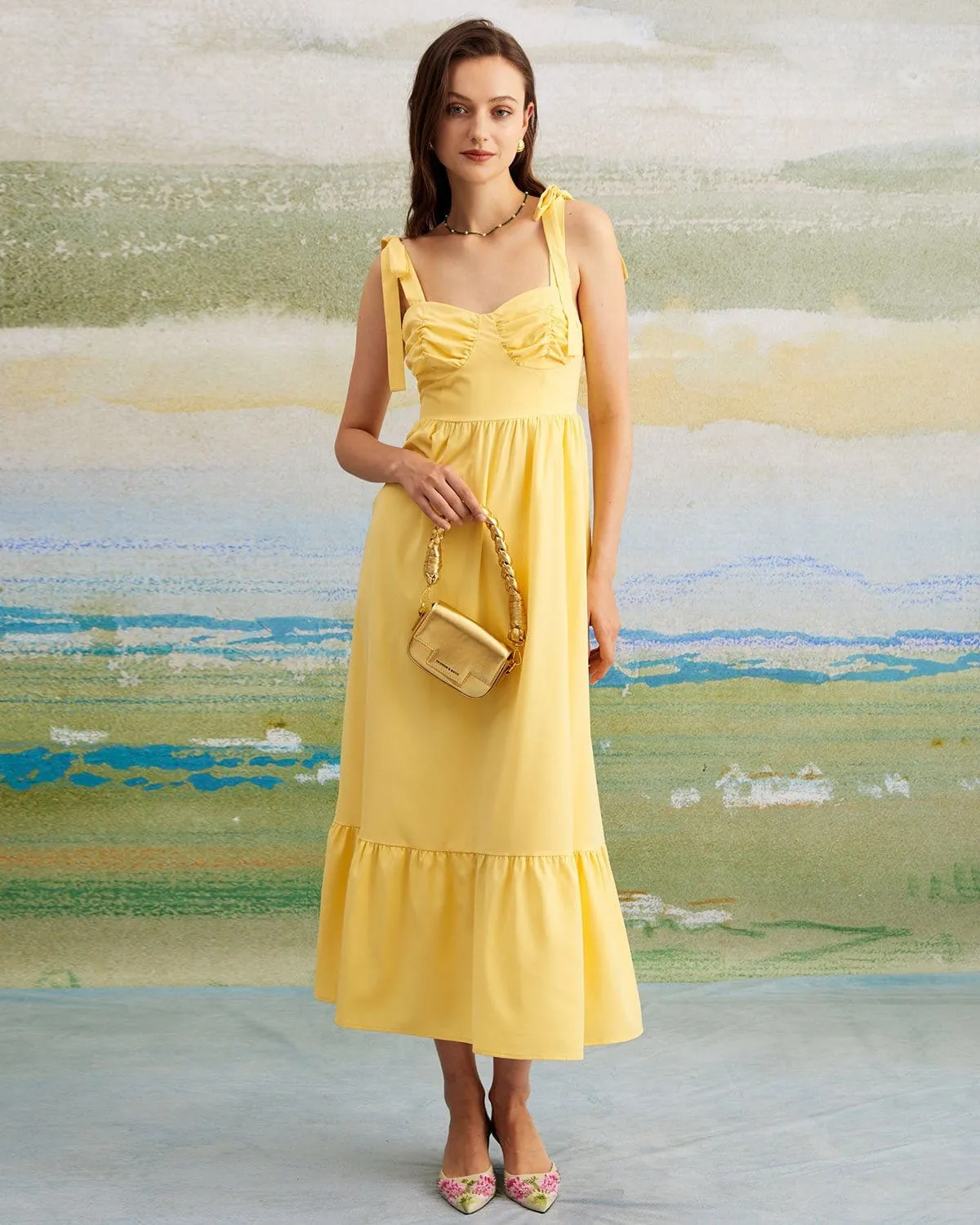 The Yellow Tie Shoulder Ruched Maxi Dress sold by rihoas product image thumbnail 3