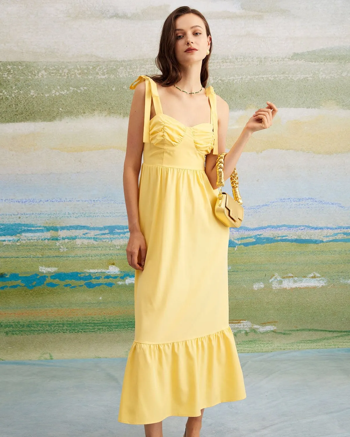 The Yellow Tie Shoulder Ruched Maxi Dress sold by rihoas