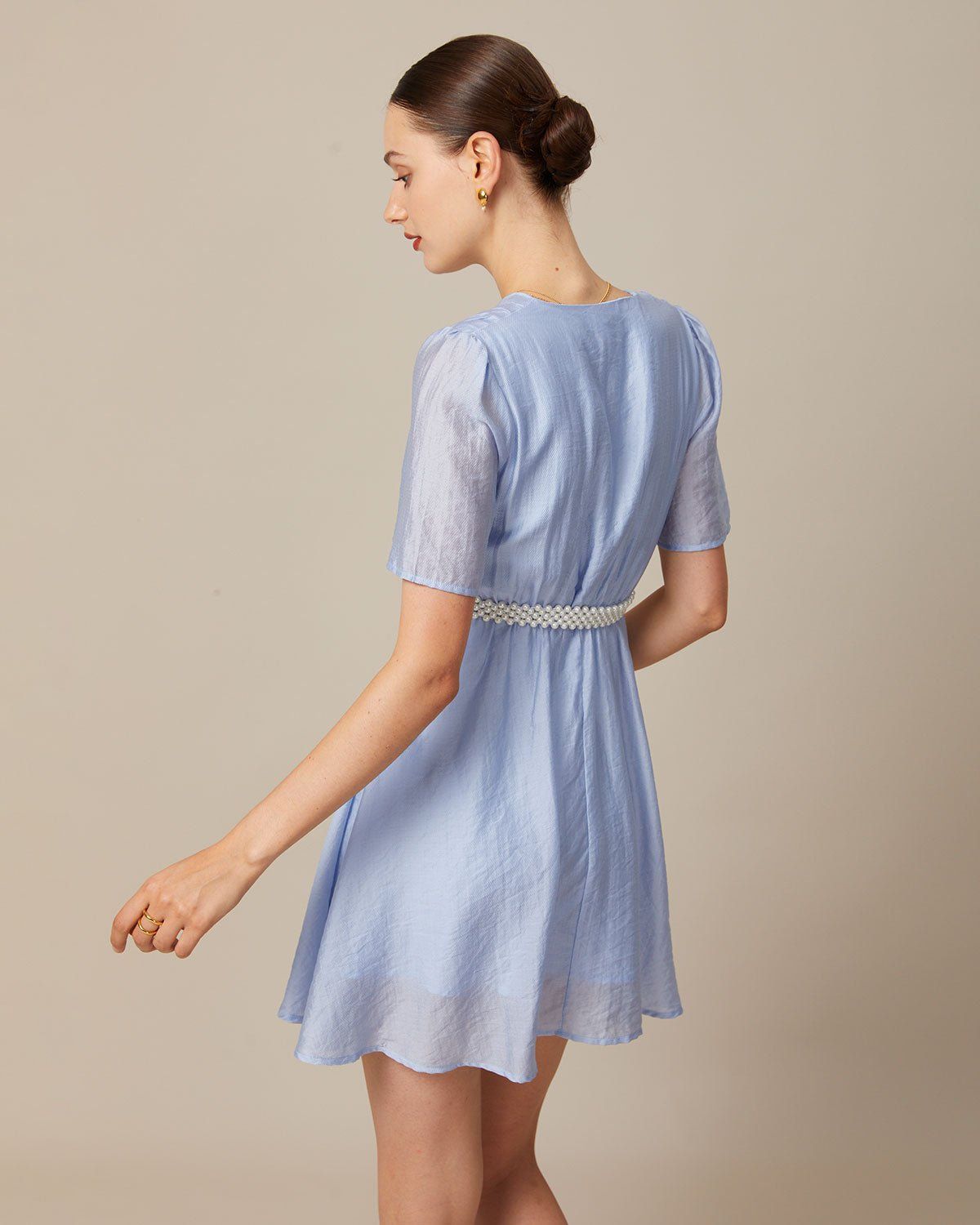 The Light Blue V Neck Pleated Mini Dress sold by rihoas product image thumbnail 5
