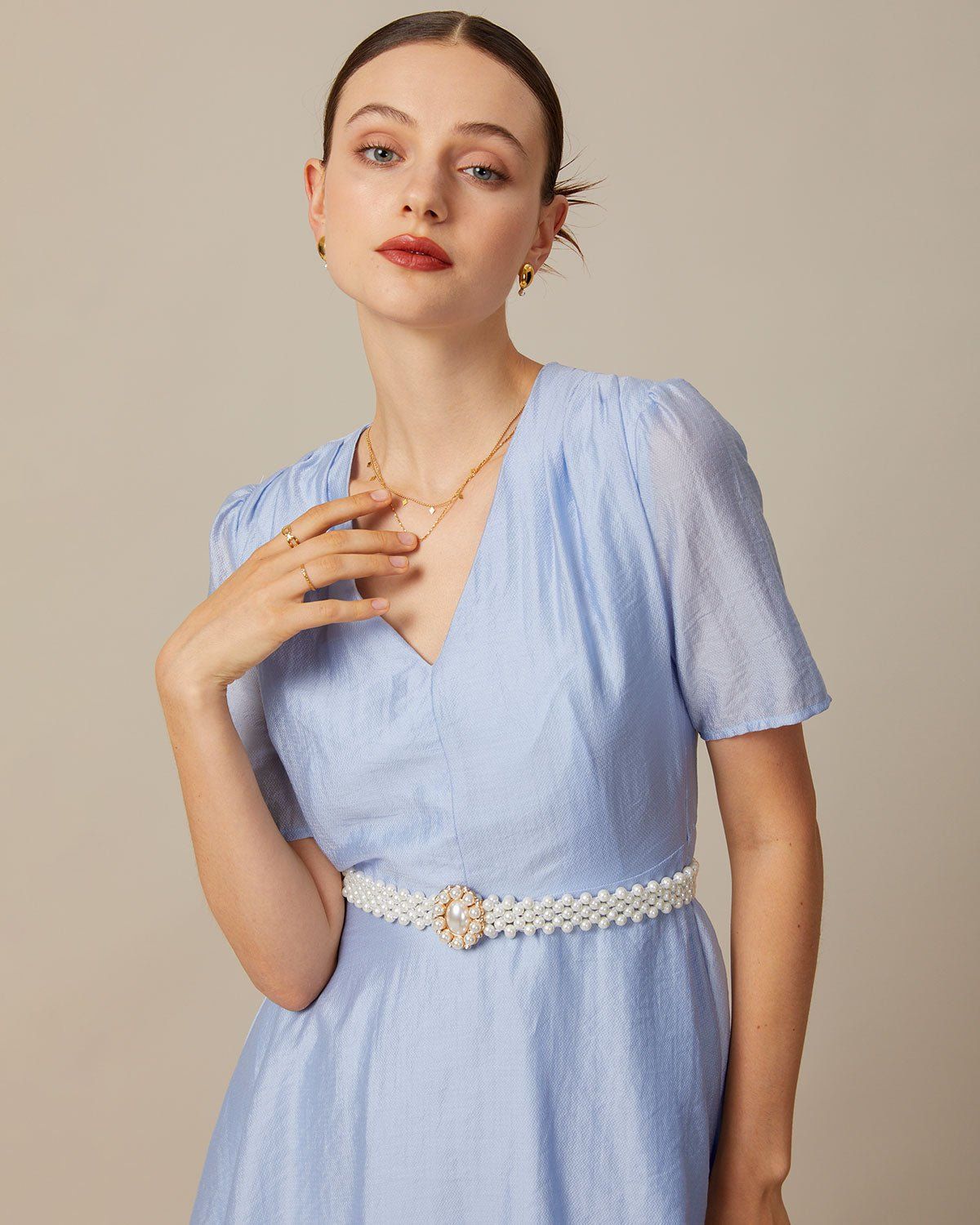 The Light Blue V Neck Pleated Mini Dress sold by rihoas product image thumbnail 4