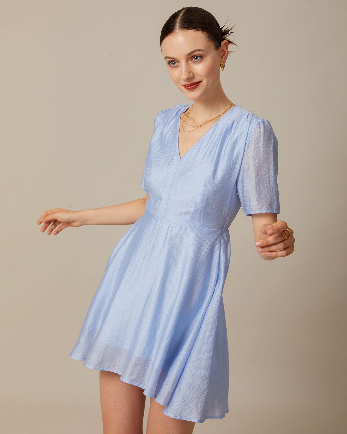 The Light Blue V Neck Pleated Mini Dress sold by rihoas product image thumbnail 3
