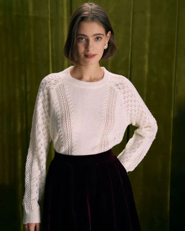 The Beige Round Neck Ribbed Pointelle Sweater sold by rihoas
