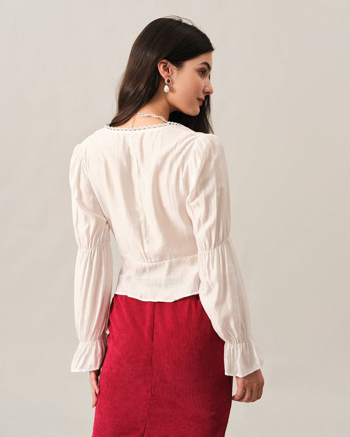 The V Neck Ruffle Lace Trim Blouse sold by rihoas product image thumbnail 5