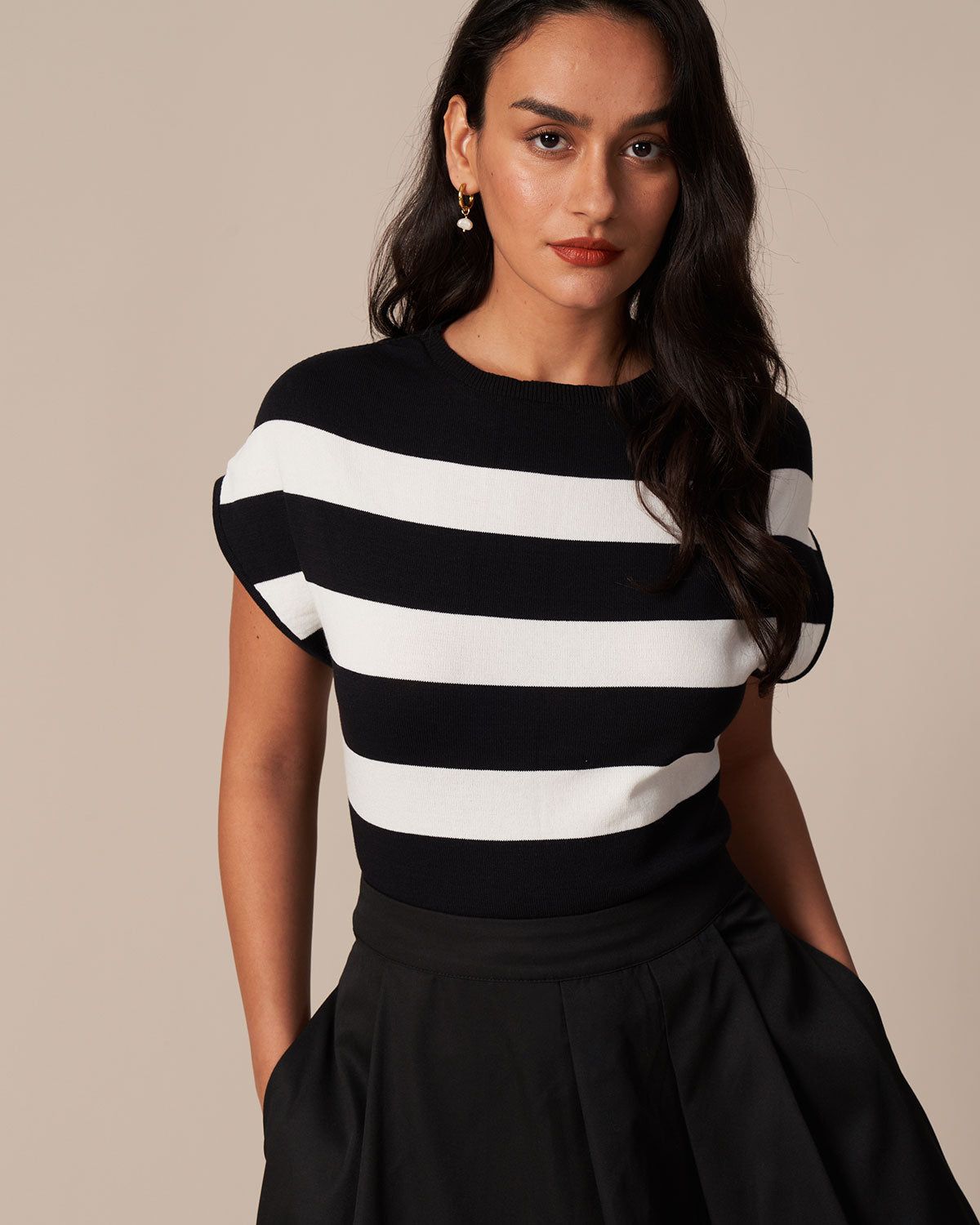 The Black Round Neck Striped Cap Sleeve Knit Tee sold by rihoas