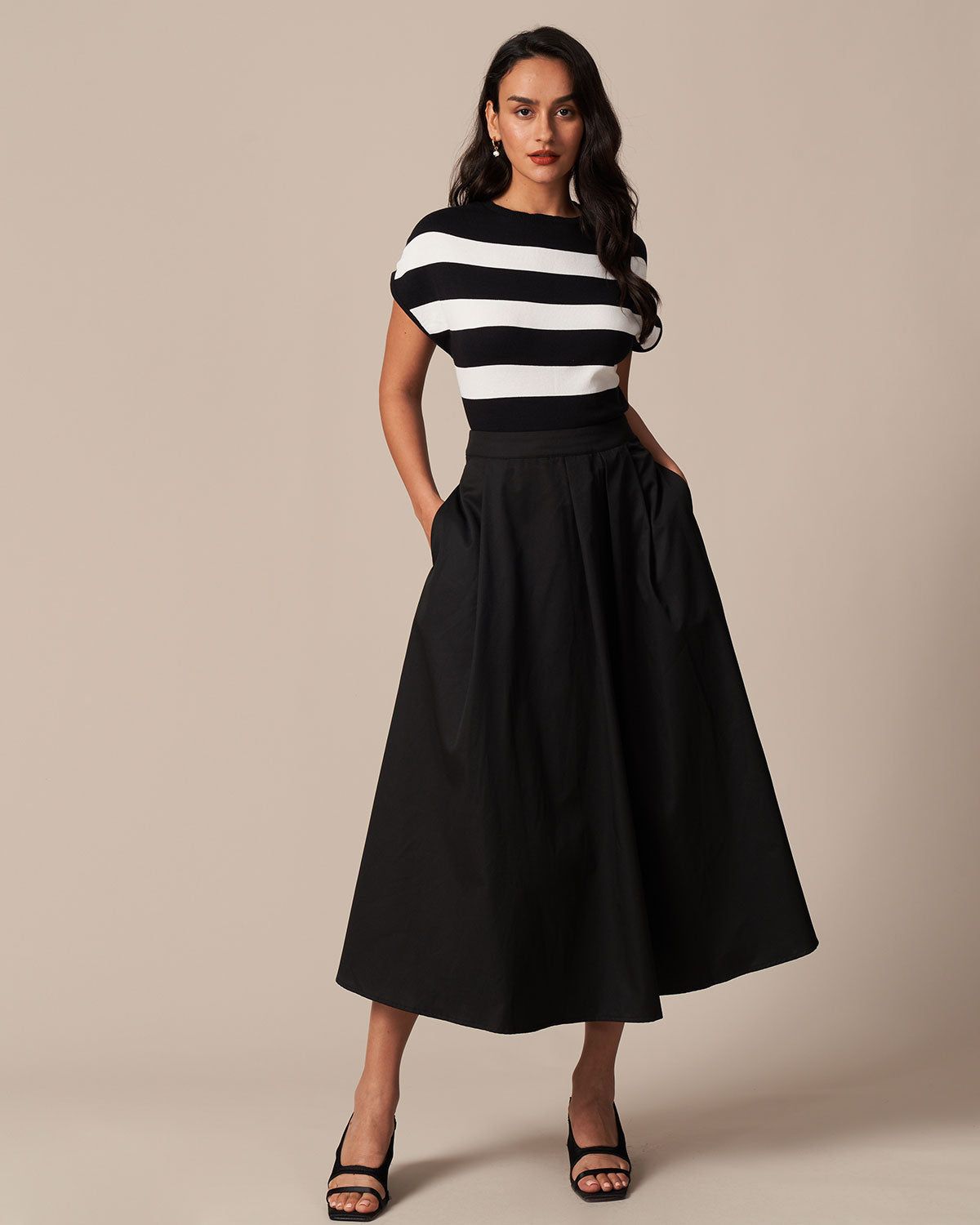 The Black Round Neck Striped Cap Sleeve Knit Tee sold by rihoas product image thumbnail 2